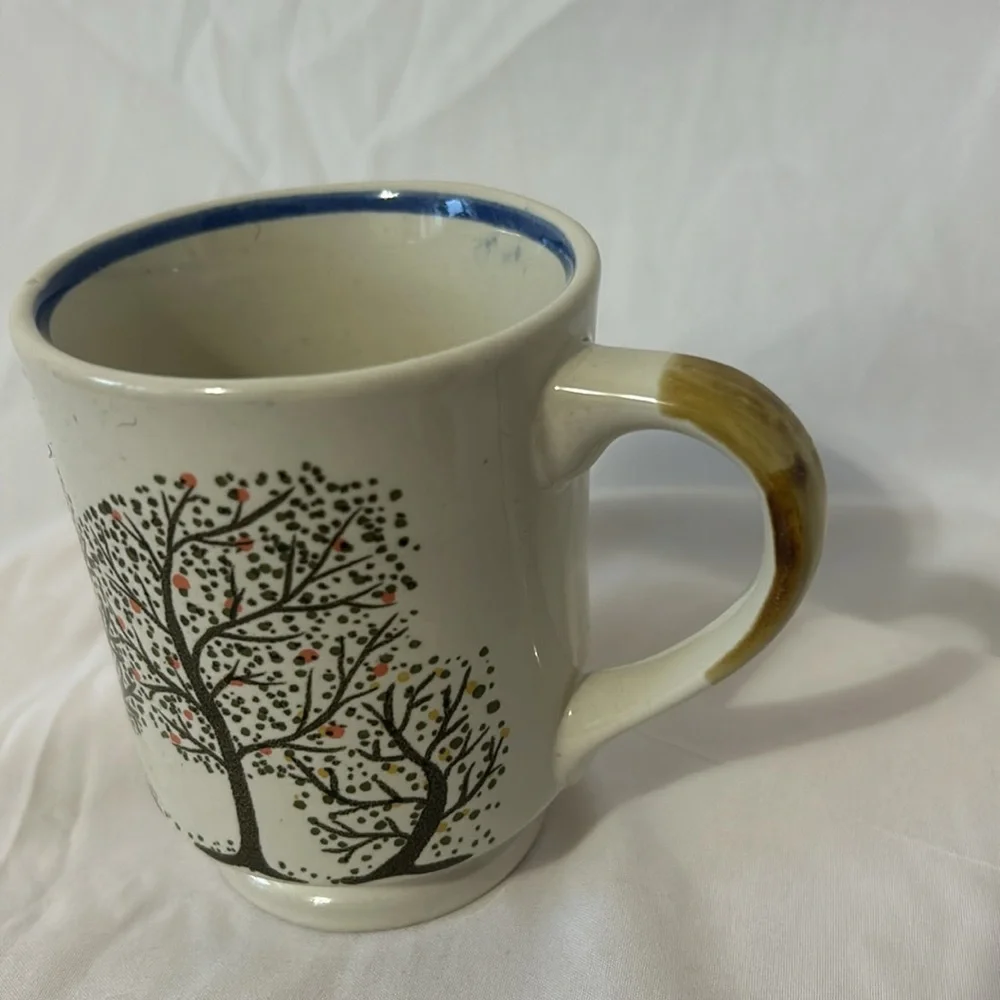 Tree with Fruit Coffee Cup Mug Tea Cup Blue Rim Stylistic Drawing Painted